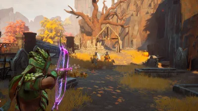 Spieler zielt mit dem Bogen auf einen Goblin in einem Herbstwald in den Startregionen