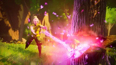 Einzelspieler wirkt rosa und violette Magie im Dschungel, die Abo-Version enthält das volle Spiel