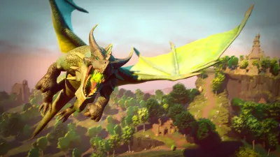 Ein Drache gleitet über grüne Täler und Ruinen in Ashenfall, die handgebaute Karte