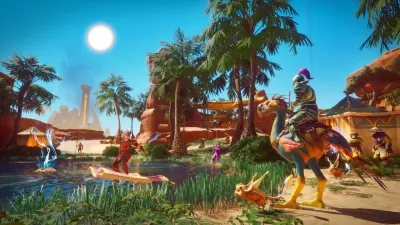 Spieler reitet auf einem Reittier durch ein Oasendorf in einer Mehrspielerwelt