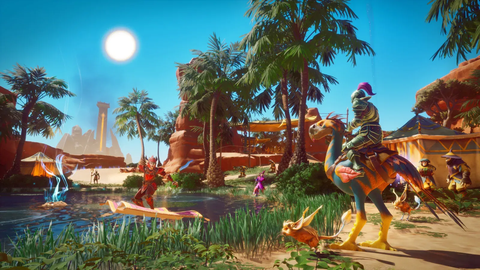 Joueur à dos de monture traversant un village oasis dans un monde multijoueur