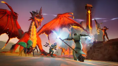 Zwei rote Drachen speien Feuer auf den Spieler zwischen einstürzenden Ruinen im 1.0-Endgame