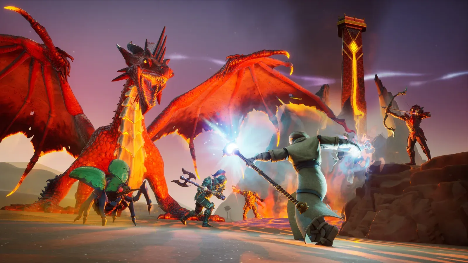 Zwei rote Drachen speien Feuer auf den Spieler zwischen einstürzenden Ruinen im 1.0-Endgame