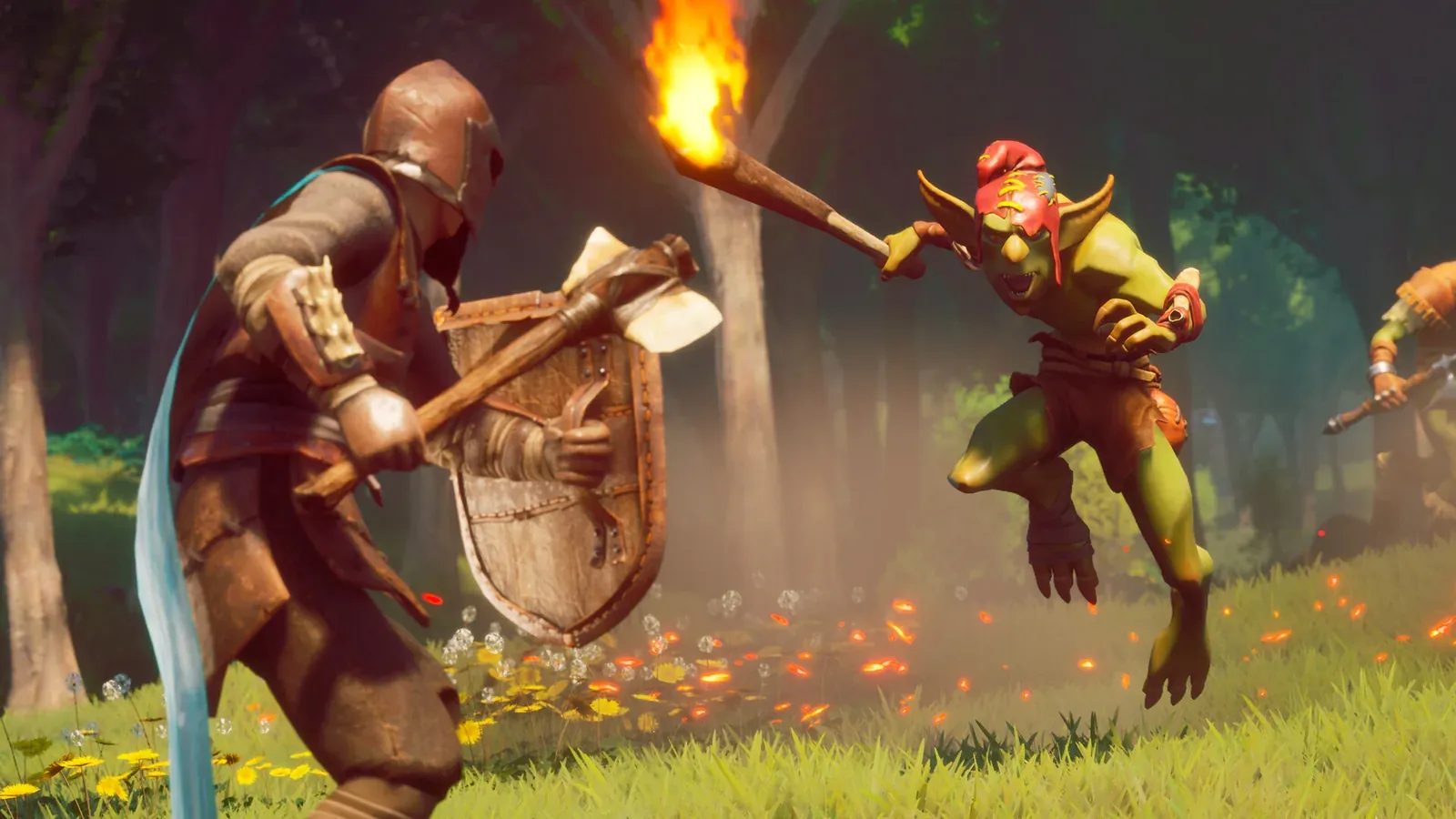 Joueur bloquant avec un bouclier et une torche face à un gobelin, combat de mêlée