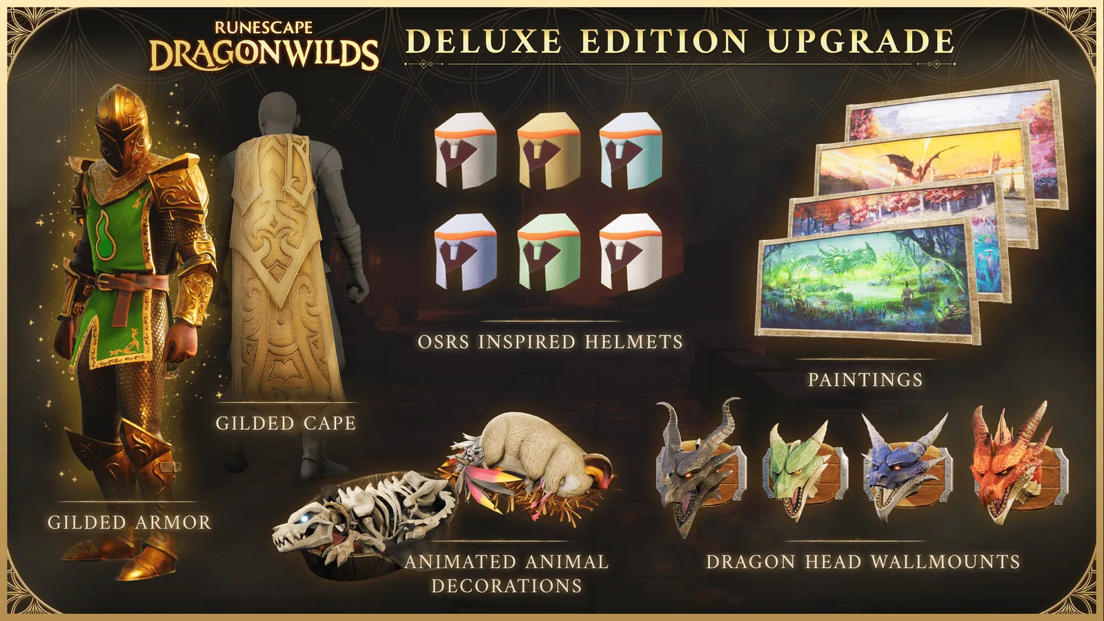 Offizielle Grafik zum Inhalt der Deluxe Edition: vergoldete Rüstung und Umhang, Low-Poly-Helme, Drachenschädel-Wandhalterungen, Gemälde und animierte Tierdekorationen